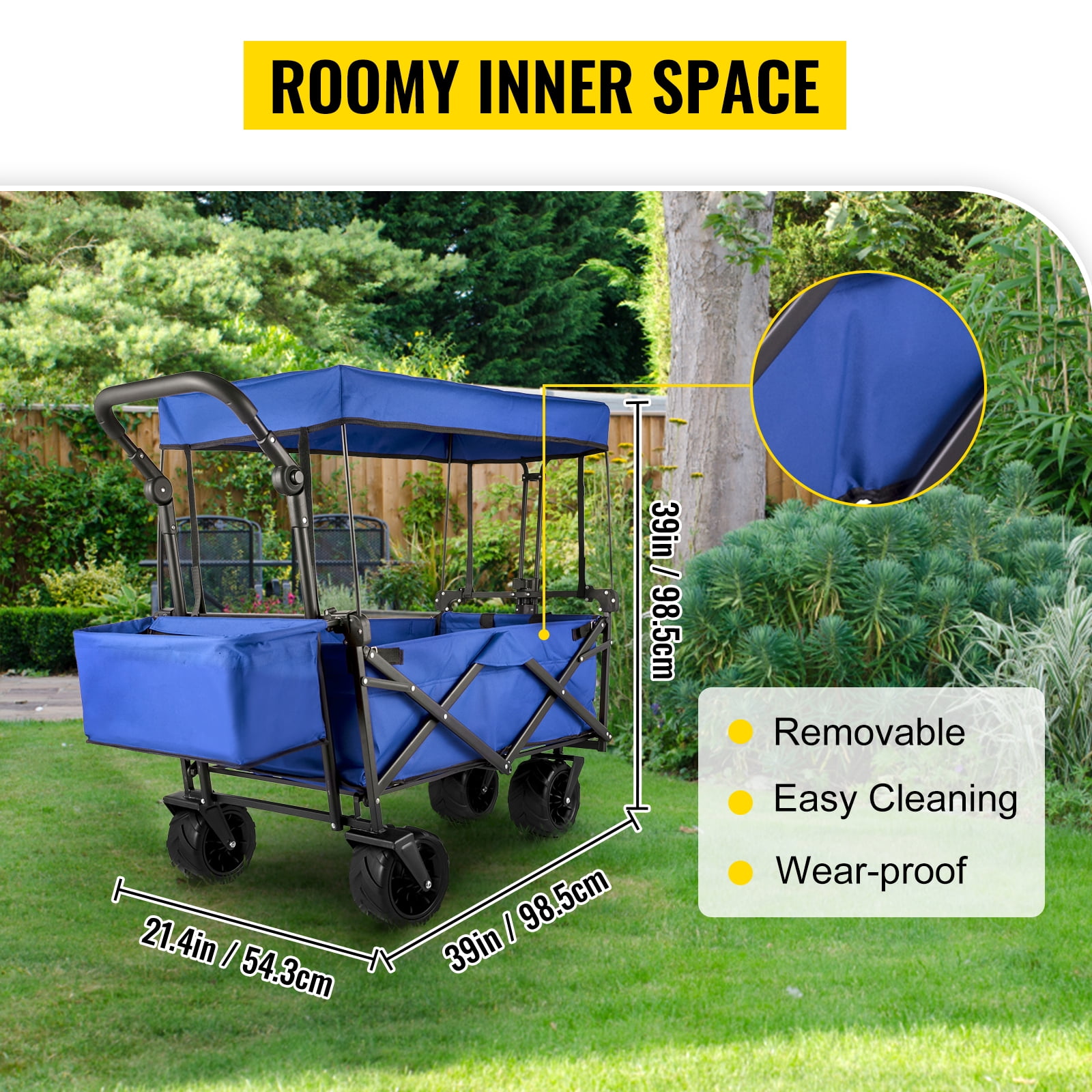 KFFKFF Collapsible Wagon Cart with Removable Canopy, Portable Folding Utility Garden Cart 600D Oxford Cloth Foldable Beach Wagon Cart w/ Oversized Wheels, Adjustable Handles, Rear Storage (Blue)