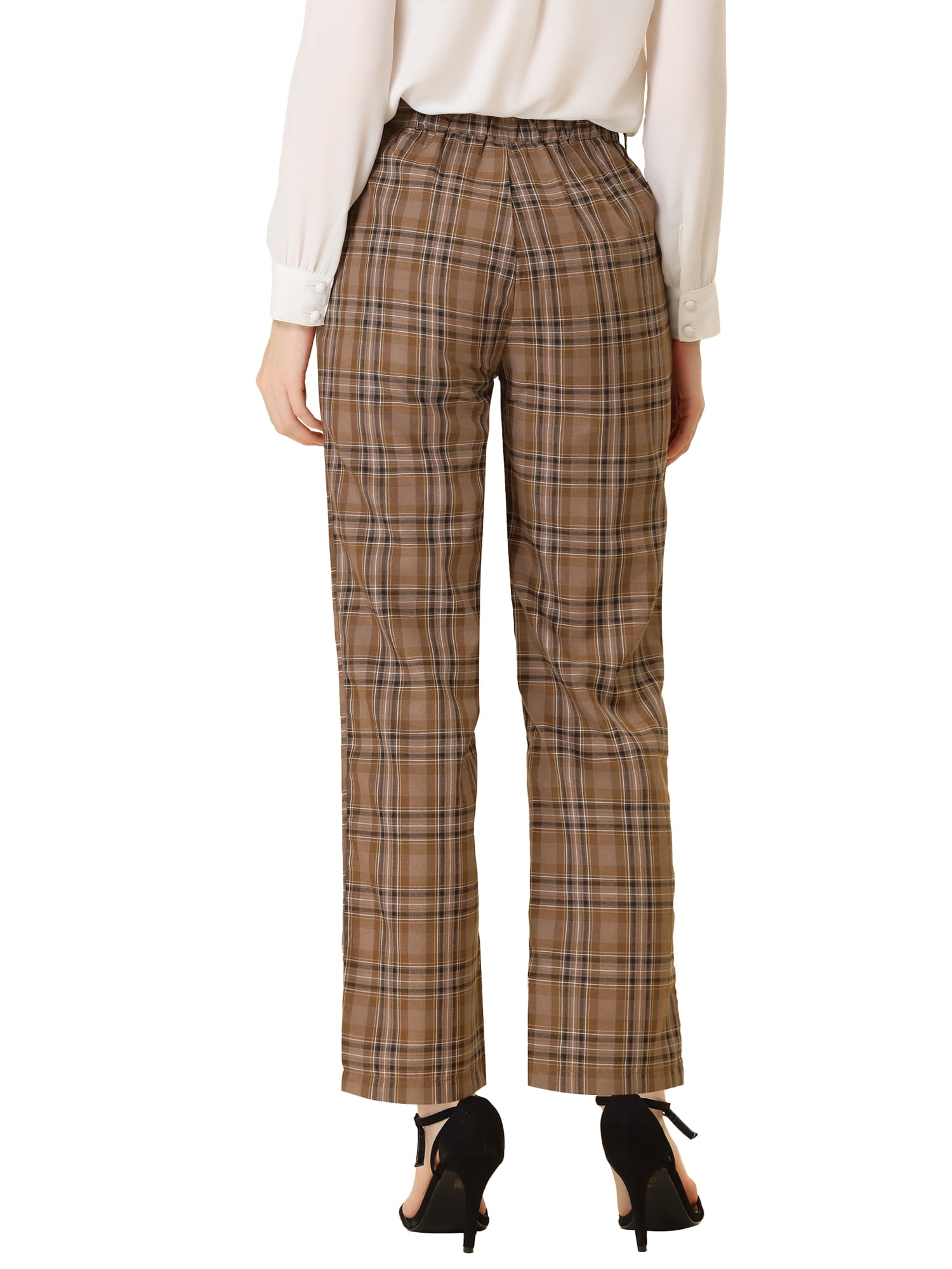 DARING DIVA Women's Plaid Trousers Pockets Straight Leg Casual Pant XL Brown