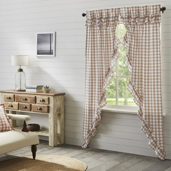 VHC Brands Annie Buffalo Portabella Check Farmhouse Ruffled Prairie Panel Curtain Set 84x36x18