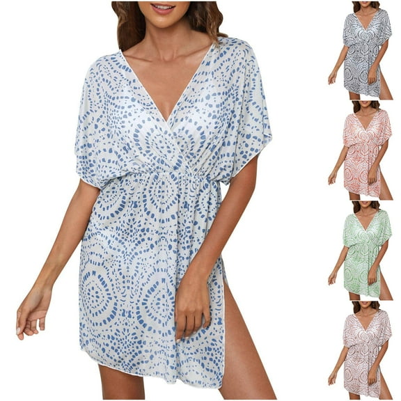 Axiiglly Swimsuit Coverup for Women Boho Beach Sundresses Short Sleeve Bathing Suit Cover Ups V Neck Vacation Outfits Side Split Summer Cover Ups for Swimwear
