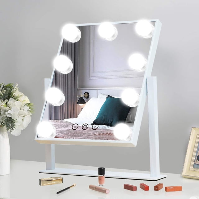 Professional Lighted Makeup Mirror, Hollywood Style with Detachable Magnification Mirror, 360° Rotation, Brightness Adjustable, 3 Color Lighting Modes, Memory Function for All Makeup Needs