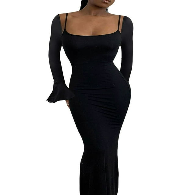 Robe Longue Élégante pour Femmes Couleur Unie Col Rond Bretelles Spaghetti Robe à Manches Longues Évasées Printemps Automne Robe de Soirée Dos Nu