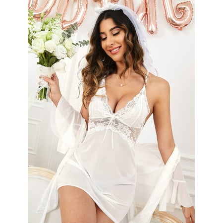 Lace Panel Flounce Sleeve Belted Mesh Robe & Cami Dress Pajama Set Without Lingerie White Set