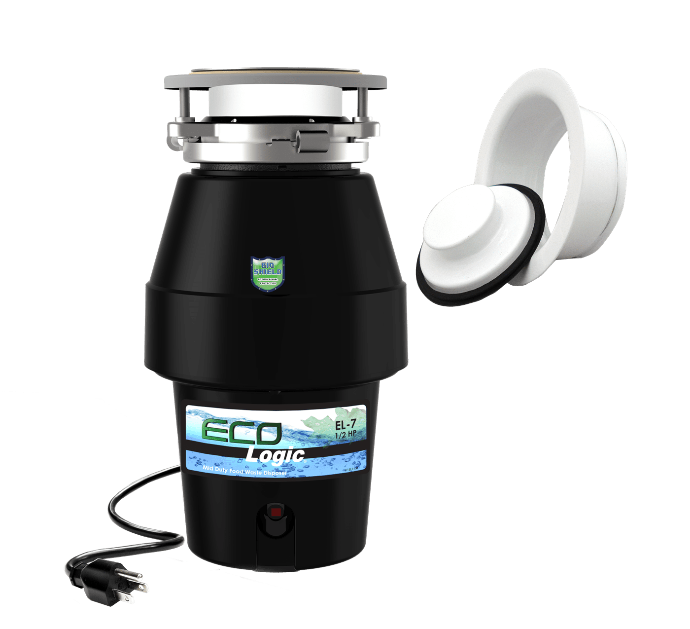 Eco Logic 1/2 HP Garbage Disposal with White Sink Flange, Attached