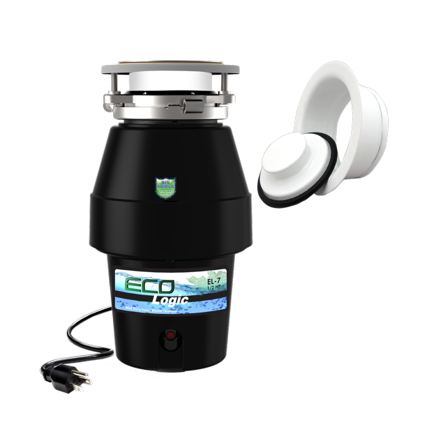 Eco Logic 1/2 HP Garbage Disposal with White Sink Flange, Attached Power Cord and Removable