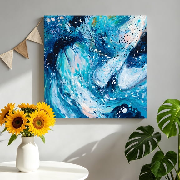 Royal Blue Ocean Canvas Wall Art, Abstract Cyan Sea Spray Coastal Turbulent Water Framed Canvas Wall Decor Picture Print Artwork Decorations for Living Room Office Ready to Hang 8" x 8"