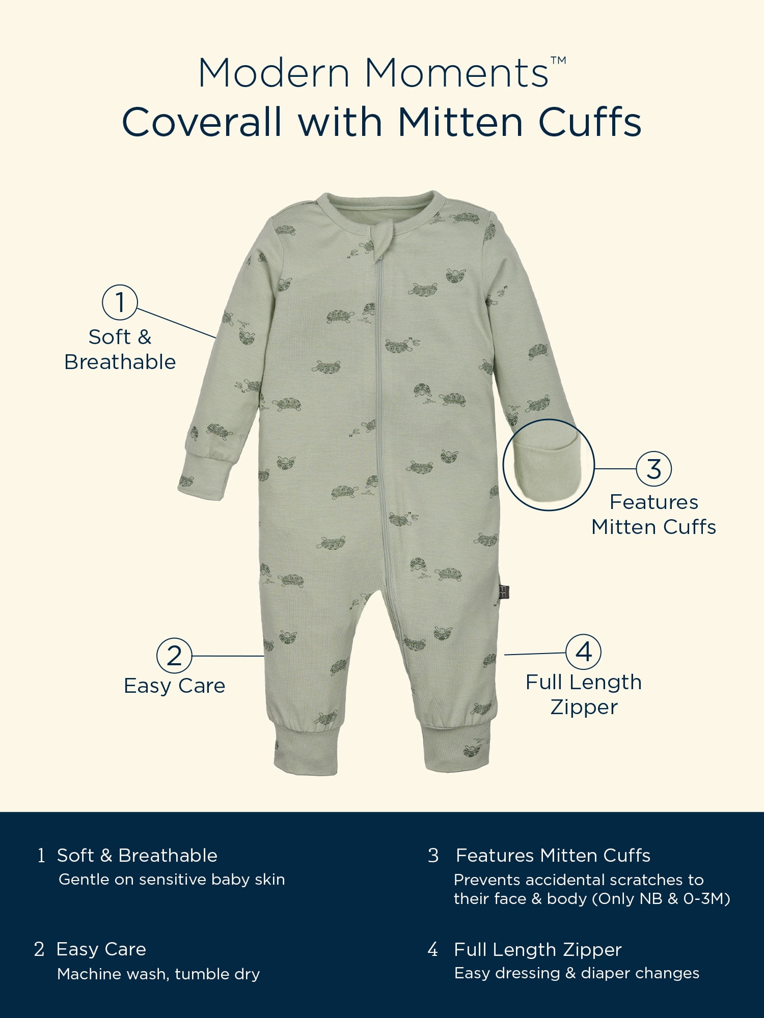 Modern Moments by Gerber Baby Neutral Super Soft Viscose Long Sleeve Coverall, Sizes Newborn - 12 Months