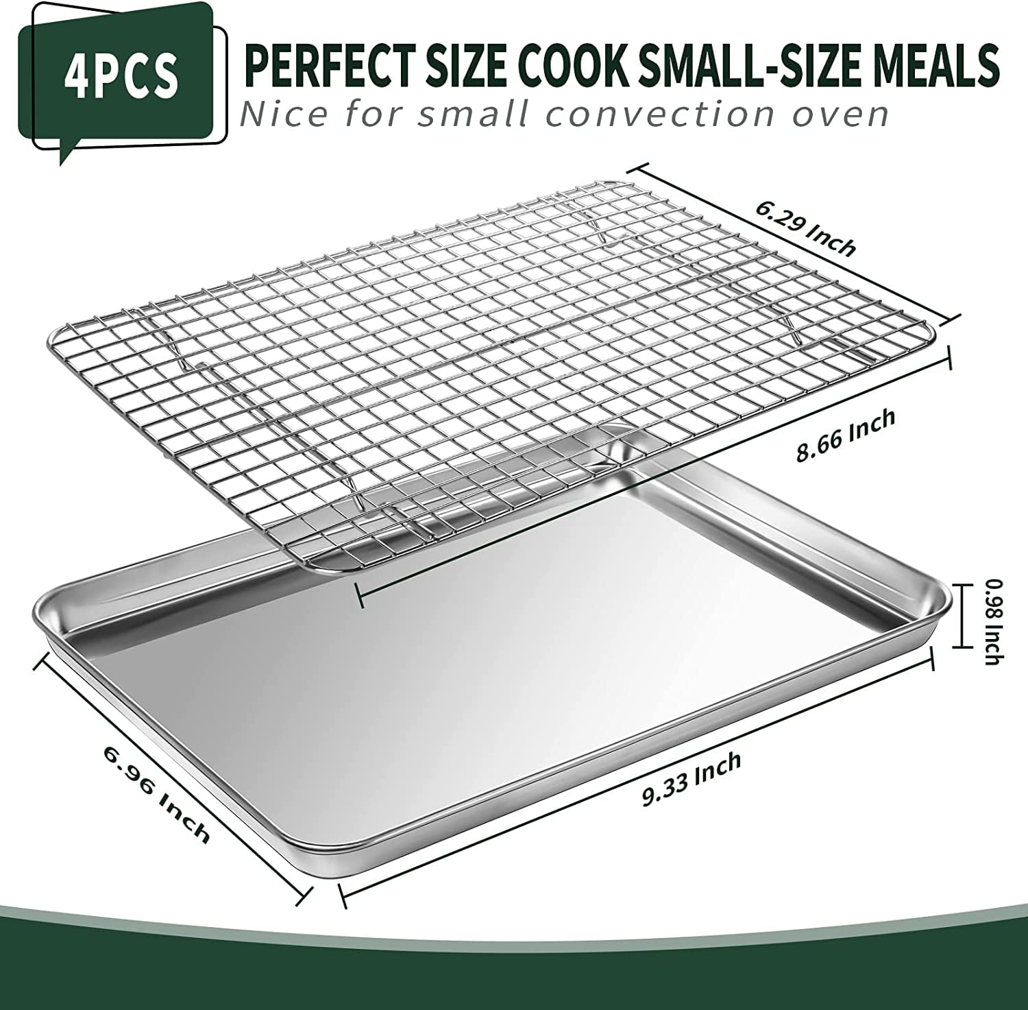 Small Baking Sheet with Rack Set [2 Cookie Sheets + 2 Racks], CEKEE Stainless Steel Pan and Grill - Rust & Warp Resistant Nonstick, Size 9.33 x 6.96 1 Inch