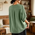 thumbnail image 5 of Womens Embroidered Cotton Linen Tops Summer Casual Boho Linen Mid Cuffed Sleeve Shirts V Neck Vacation Work Daily Blouses, L, 5 of 8