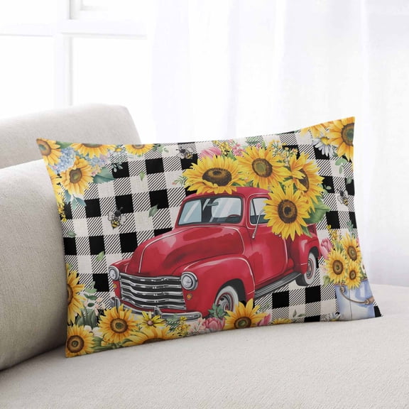 Spring Sunflowers Queen Size Pillow Cover, Pillowcase Protectors with Zipper, Breathable Decorative Throw Pillow Case Cover, Car Farm Plaid Country Retro Art Pillow Shams for Couch Sofa 20x30Inch