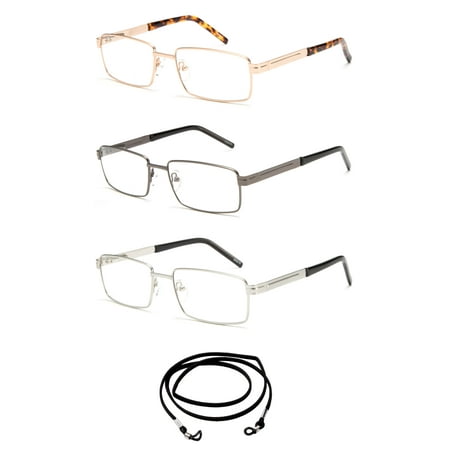3 Pack Newbee Fashion - Light Weight Metal Frame Squared Durable Reading Glasses with Spring Temple Lanyard