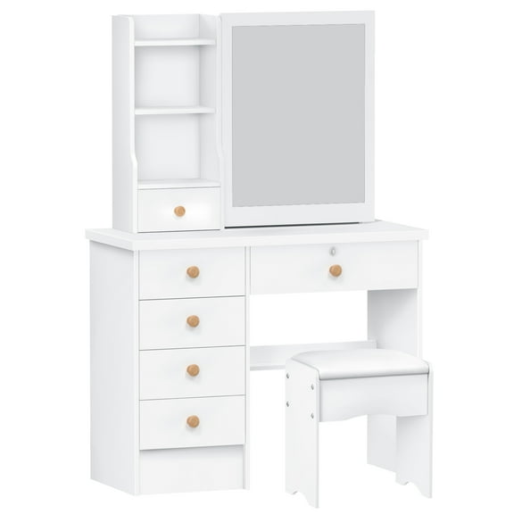 Xnigf Vanity Desk with Sliding Mirror(No Light), Makeup Dressing Table with 6 Drawers and Storage Shelves for Bedroom