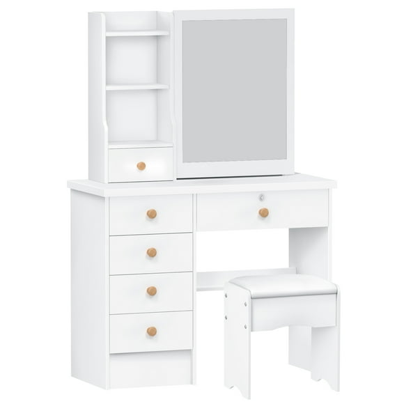 Limorve Coiffeuse avec Miroir Coulissant, Table de Maquillage avec 6 Tiroirs et Étagères Ouvertes, Table de Chambre avec Rangement Caché