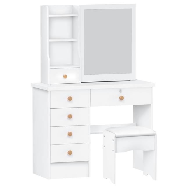 Vanity Desk with Sliding Mirror,Bedroom Dressing Table,Makeup Desk with 6 Drawers,Open Shelves,Hidden Storage Space