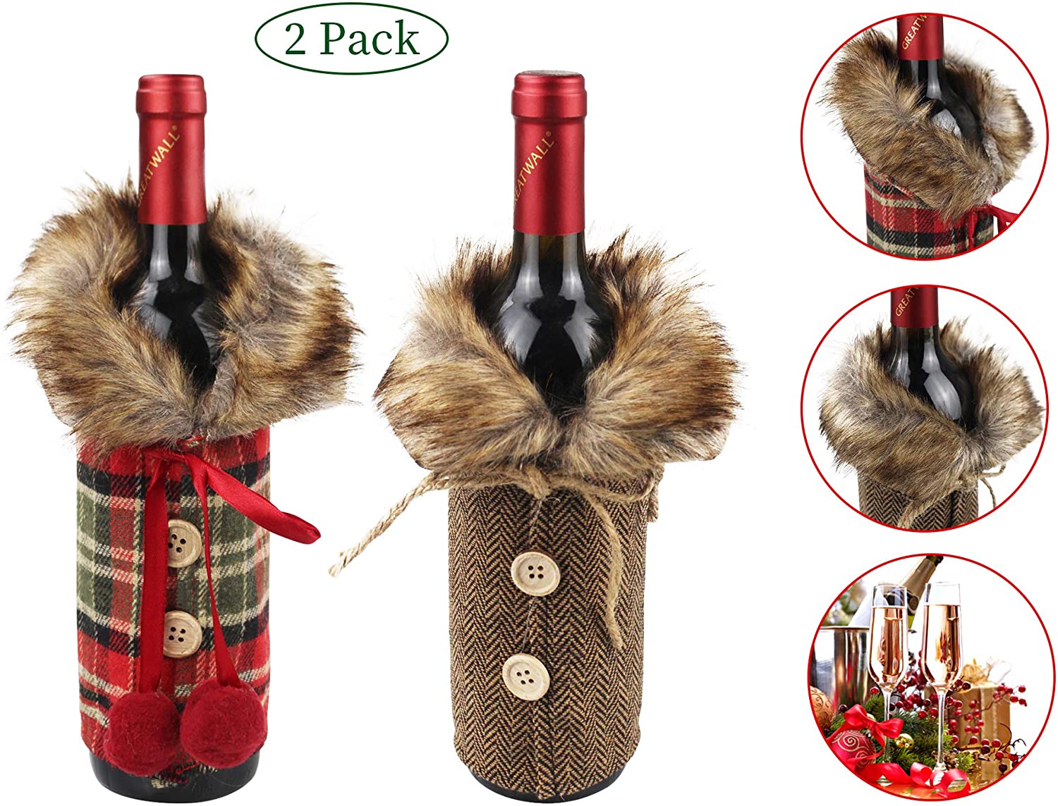 2pcs Sweater Wine Bottle Covers, Plaid Wine Bottle Clothes Linen Wine