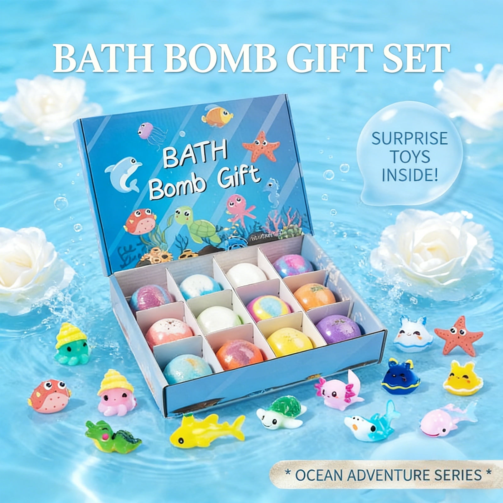 Easter Bath Bombs with Surprise Inside, 12 Pack Fizzy Bubble Bath Gift Set, Dinosaur Egg & Ocean Theme Bath Fizzies, Natural Sea Salt Color Changing Spa Balls