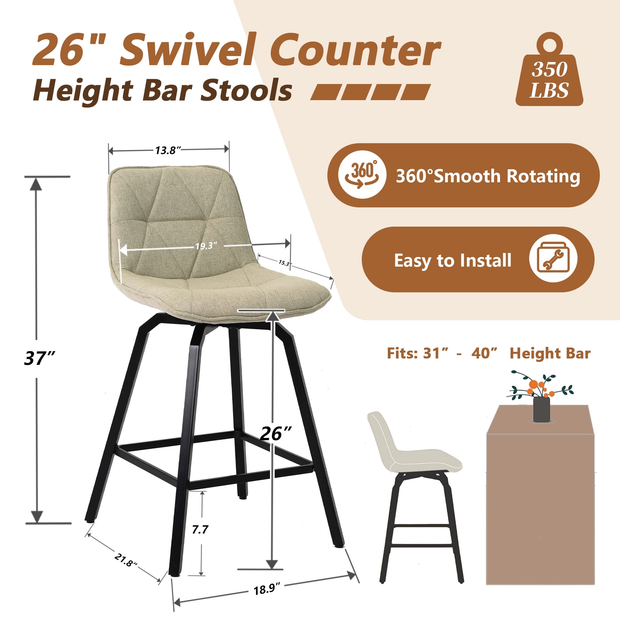 Fancrou 26″ Swivel Counter Height Bar Stools Set Of 3, Triangular Pattern Seat With Metal Legs And Back, Camel-Fabric