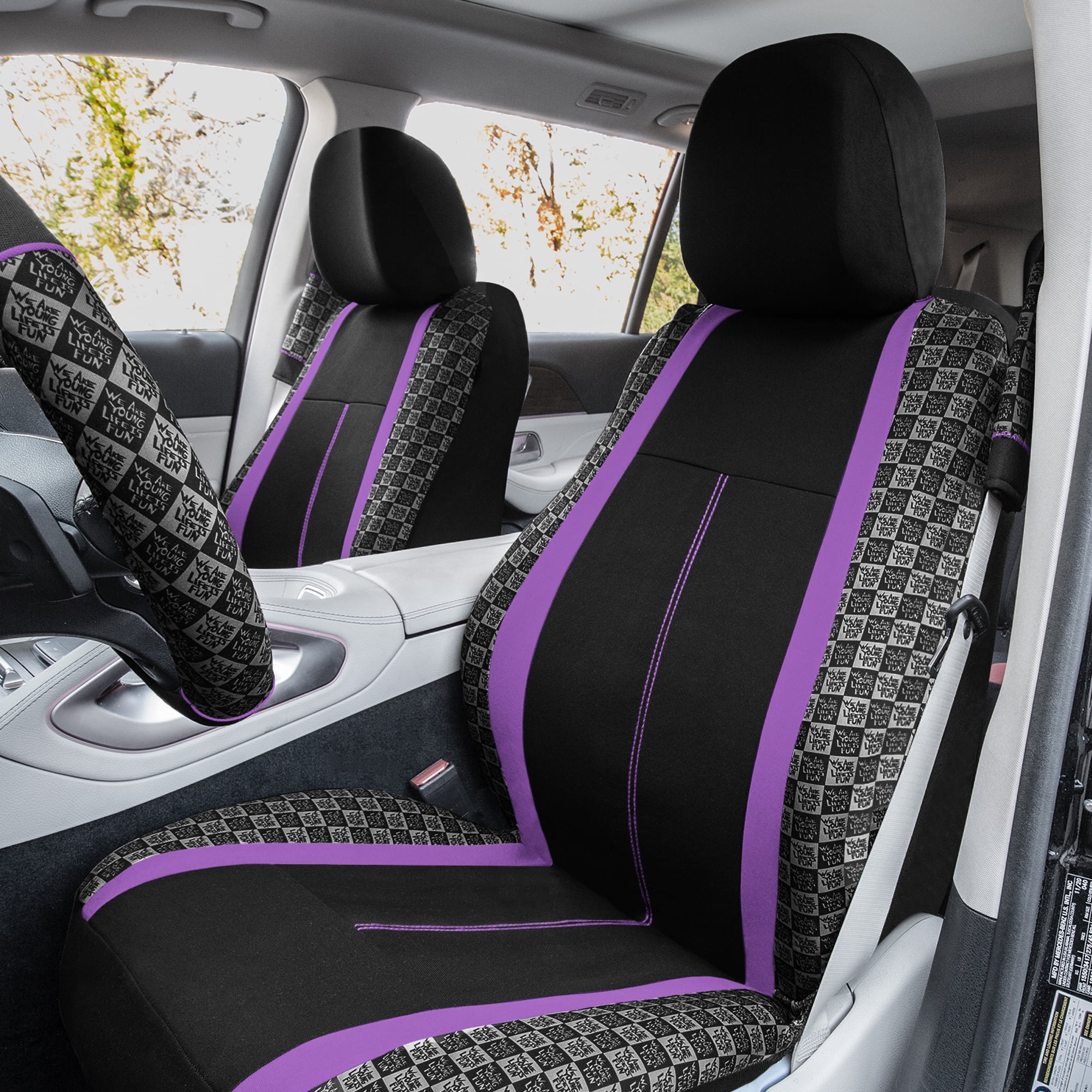 FH Group Universal Ultra Front Set Car Seat Cushions with Colorful (Purple) Stitching with Bonus Air Freshener