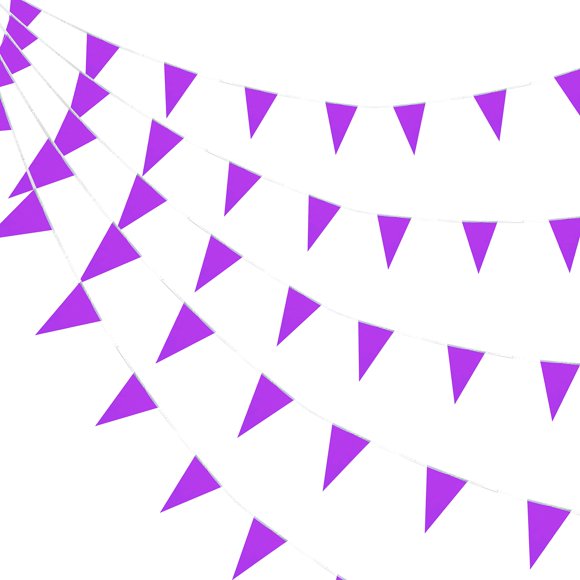 Banderines de banderines morados consumados, banderines triangulares colgantes con cuerda para decoraciones de fiesta de cumpleaños para niños de gran inauguración, 100 pies