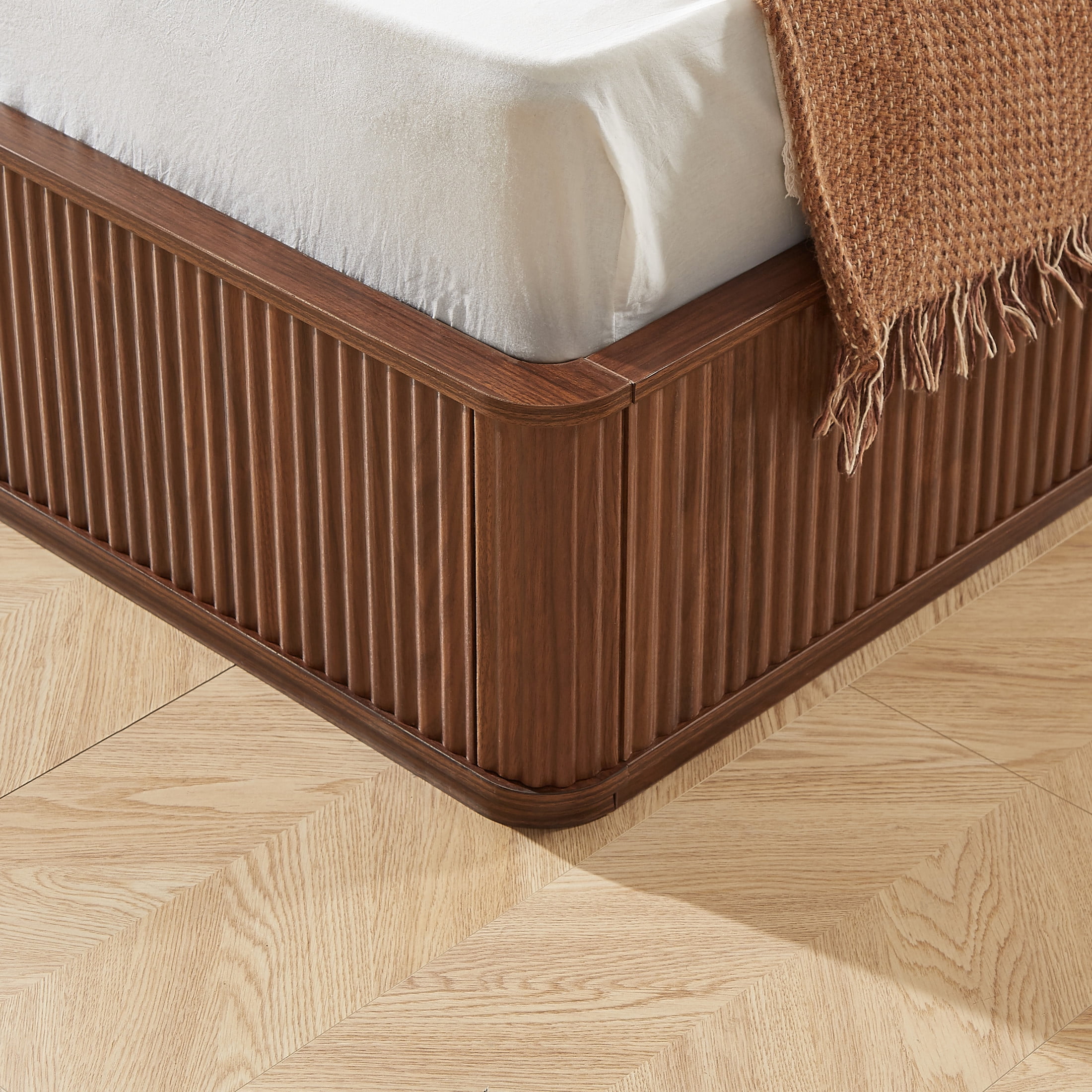 Noble House Queen Platform Bed Frame with 44.49" Flat Fluted Headboard, Wood Slat Support, Walnut