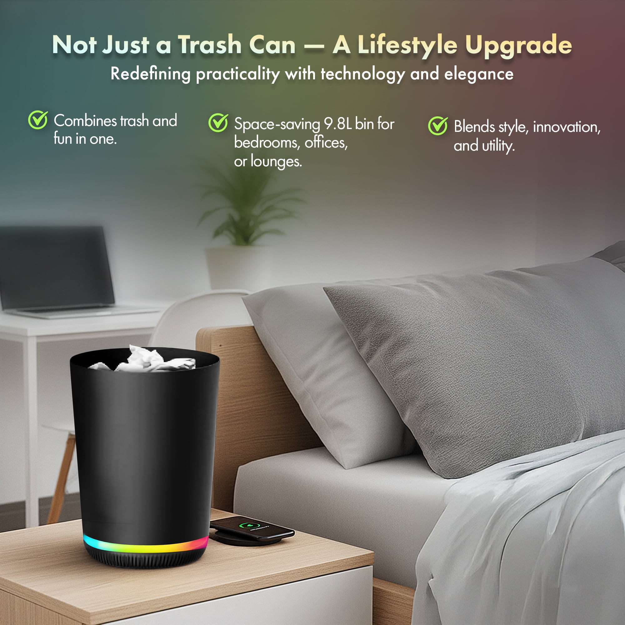 Trash Can with LED Color Changing Wireless Speaker with Radio, 9.8L Black Trash Can Speaker