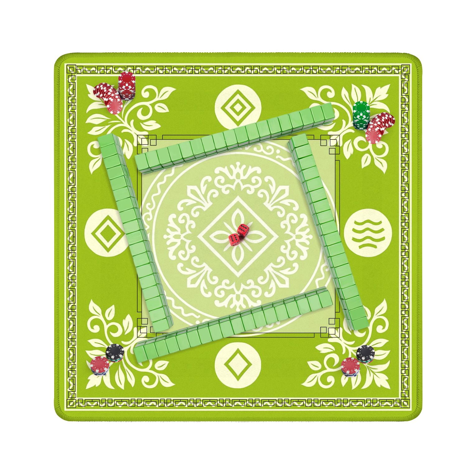 Mahjong Mat 31.5" x 31.5" Green Floral Mandala Diamond Wave Elements Anti-Slip and Noise Reduction Symmetry Design Mahjong Tiles Table Cover for Dominoes Poker Card Board and Tile Games