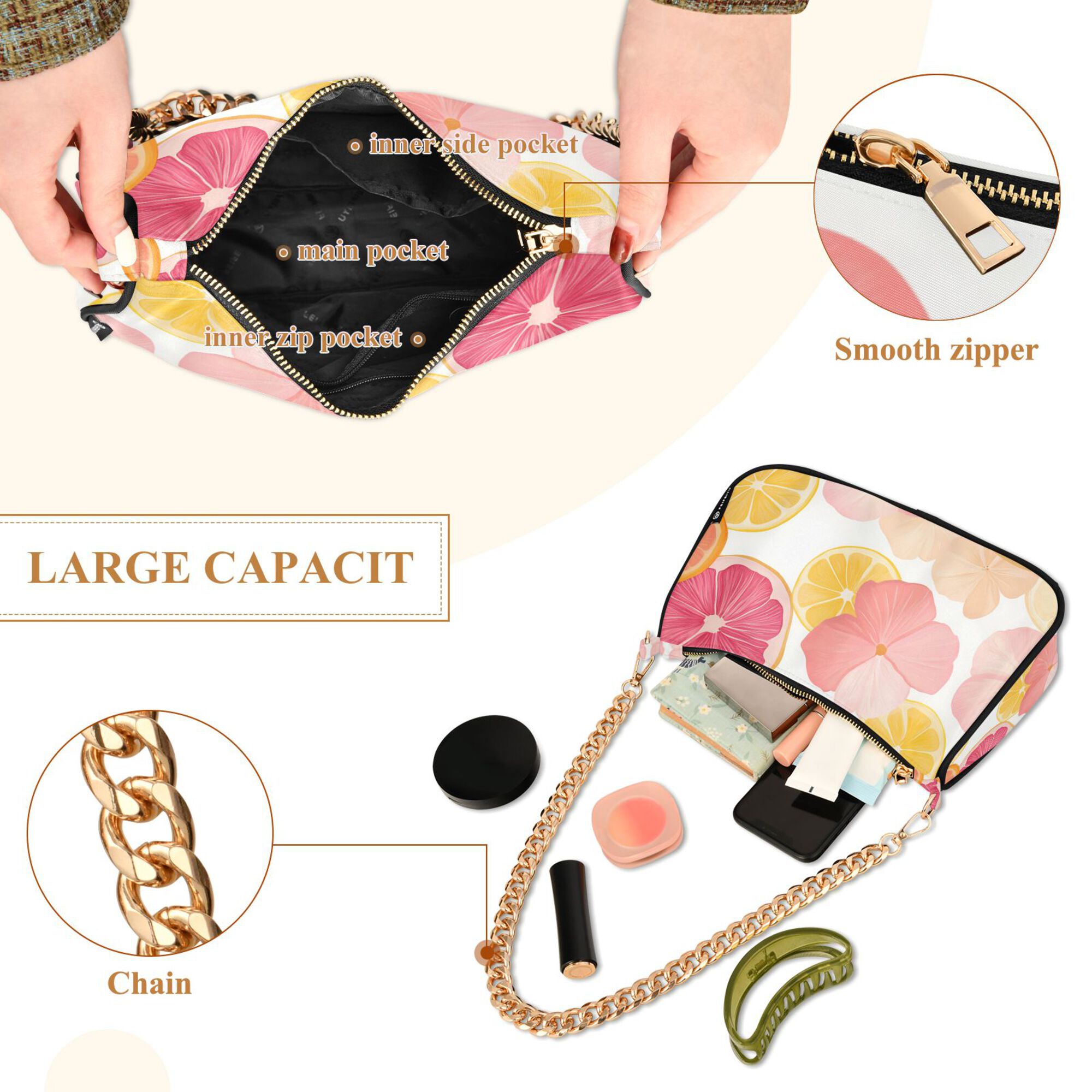 FORMRS Womens Shoulder Bag with Chain Strap Clutch Purse Cute Tote Handbag, Pink Floral Orange