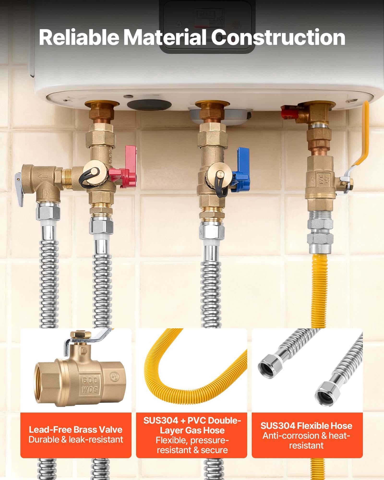3/4 Inch Water Heater Repair Kit with 600 WOG Valves Pressure Relief Valve Ball Valve Gas Hose Compatible with Tankless Heaters