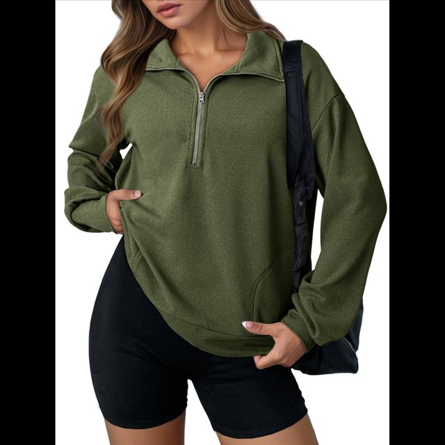 Sudadera Ligera y Suave de Larga con Solapa y Media Cremallera para Mujer, Estilo Informal, Holgada y con Cuello de . Verde XXL