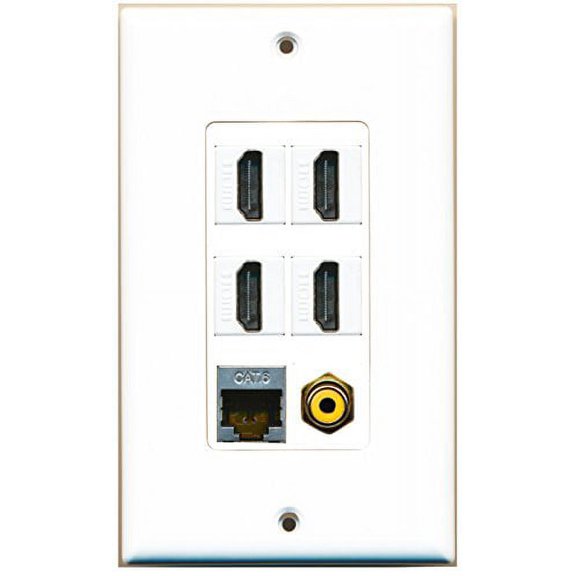 RiteAV - 4 Port HDMI 1 RCA Yellow 1 Shielded Cat6 Ethernet Wall Plate Decorative