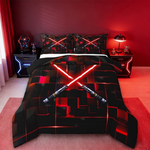 Erosebridal Red Gradient Light Bedding Sets Twin with Comforter,3D Geometric Plaid Duvet Insert,Neon Lights Comforter Sets Twin Size For Boys,Lightweight Room Decorative Reversible锛?pcs