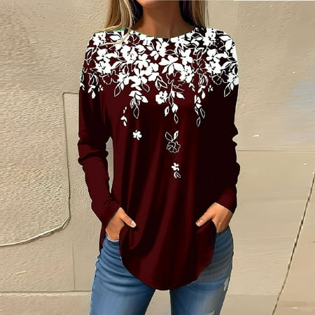 

FuChenYu 2024 New Style Spf Shirts for Women Long Sleeve Long Sleeve Workout Tops for Women Printed Casual Crew Neck Loose Fit Autumn/Winter Rash Guard Sun Shirt Women S
