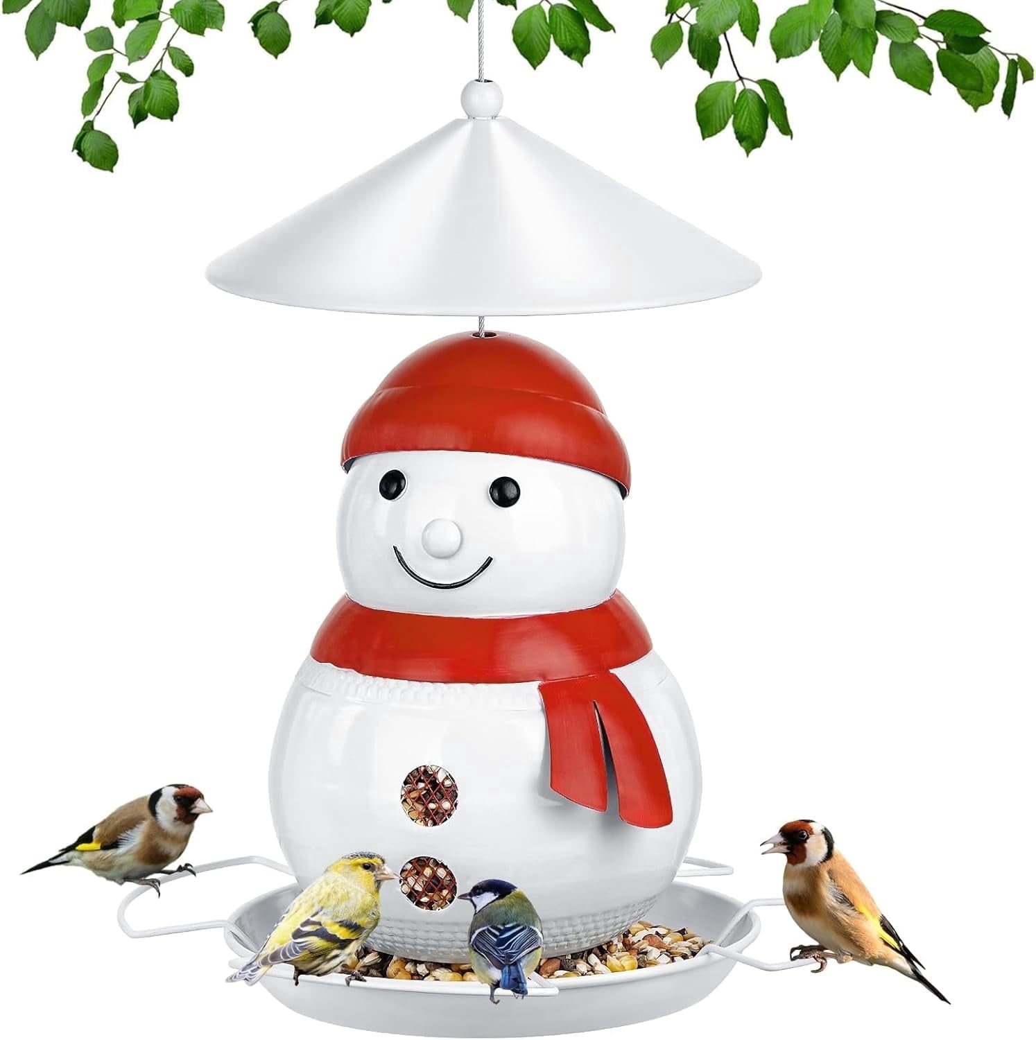 IWNTWY Wild Bird Feeder for Outside Hanging, 4LB Capacity Heavy Duty Metal Snowman Birdfeeder with 4 Perches