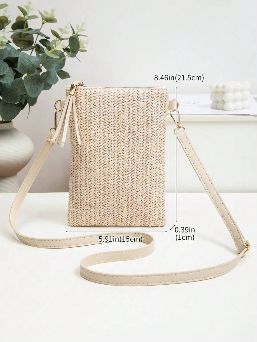 Mini Crossbody Bag For Women, Handwoven Cross-Body Bag, Solid Color Portable Handbag, French Casual Tassel Decor Bag, Large Capacity Multi-Function Zipper Shoulder Strap Bag, Travel Shopping Bag