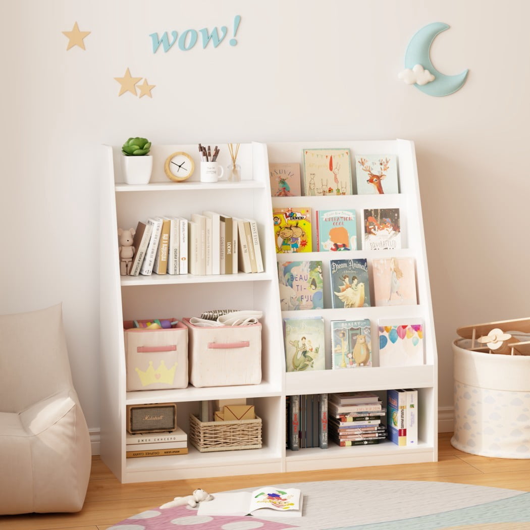 4-Tier Kids Bookshelf and Toy Storage Organizer, Wooden Children's Bookcase with 2 Shelves & Toy Bin, Book Display Stand for Kids Room, Playroom & Nursery, White