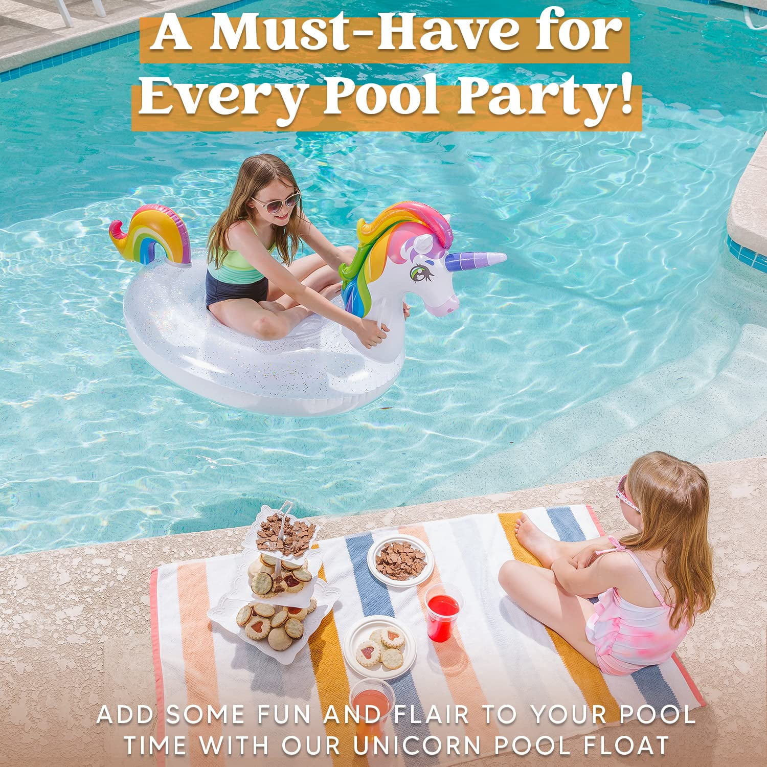 Joyfy Inflatable Unicorn Pool Float Raft with Glitters, Fun Beach Floaties, Ride On Unicorn Raft, Pool Toys, Party in Summer Lounge Raft Decorations for Kids