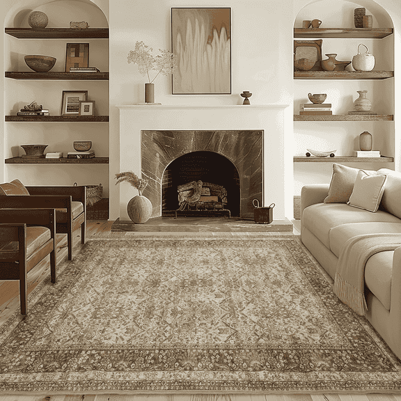 NICETOWN Washable Rug Vintage Area Rug, 5'x8' Thin Machine Washable Rug Non-Slip Foldable Pet-Friendly Area Rugs for Bedroom Living Room, Brown