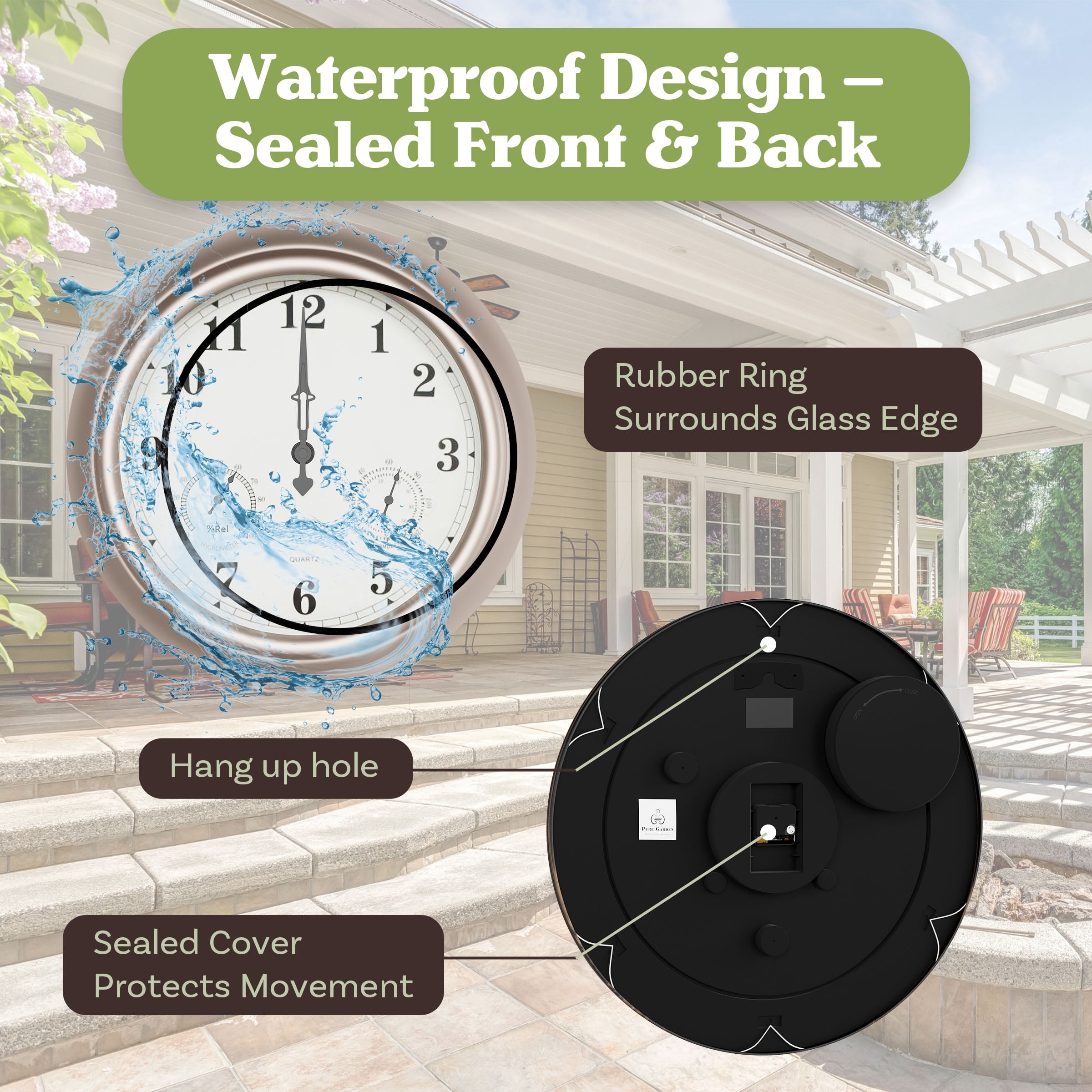 Pure Garden 18in Waterproof Indoor Outdoor Clock Thermometer Combo, Silver