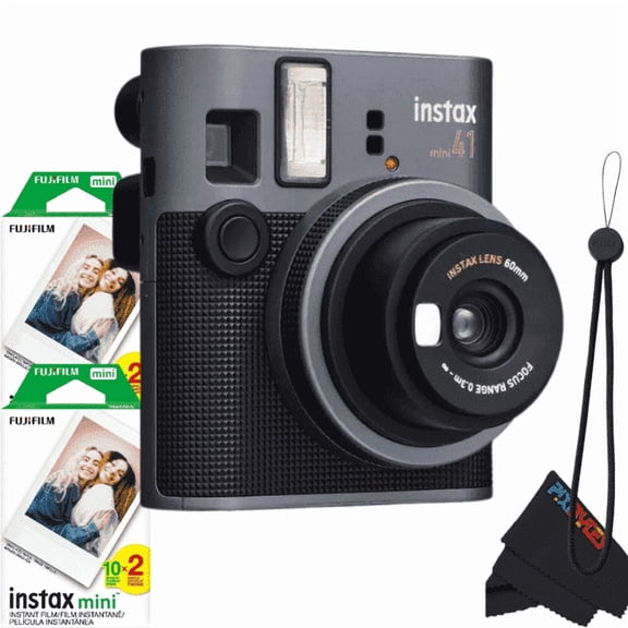 Buzz Photo Instax Mini 41 Built-in Flash Instant Film Cameras Bundle with Fujifilm Instax Mini Twin Pack (2), Black