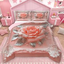 Castle Fairy 3D Floral Rose Bedding Comforter Set 2pcs for Girls Boys,Spring Garden Twin Comforter Sets Microfiber,Dreamy Princess Breathable Bedding Set,Super Cozy Room Decor,Reversible