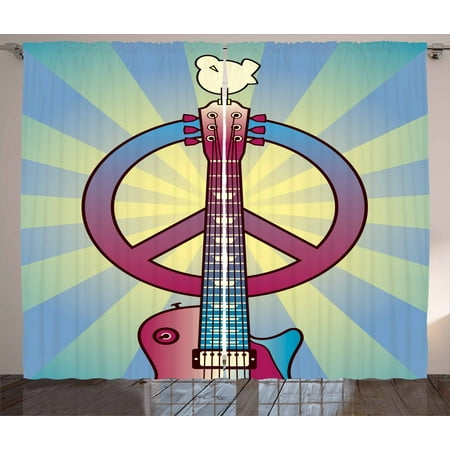 Hippie Curtains 2 Panels Set Illustration Of A Guitar Peace