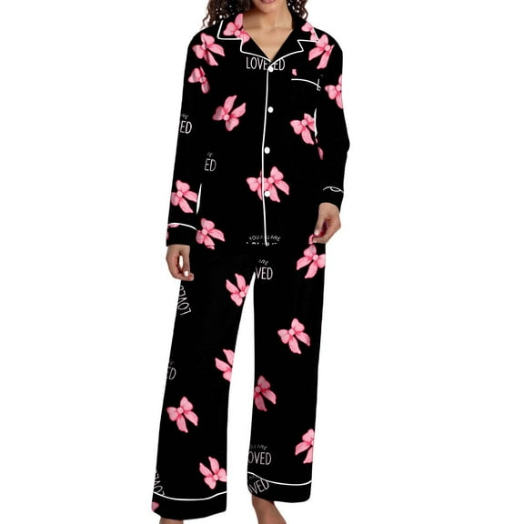 Bow Pajamas for Women Valentine Button Down 2 Piece Pjs Sets Long Sleeve Soft Cozy Sleepwear Set Pink XL