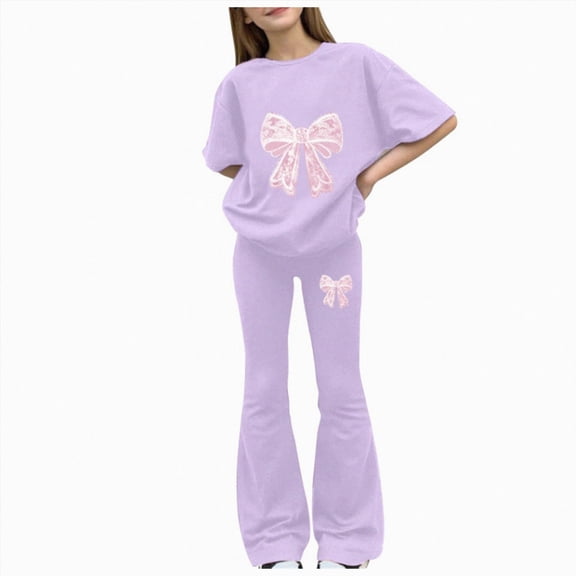 mgoYE Girls 2 Piece Outfits Kids Cute Bow Graphic Sweatsuit Short Sleeve Tops Pants Set Teen Summer Beach Trendy Tracksuit 7T 8T 9T 10T 11T 12T Size 7-8 Years