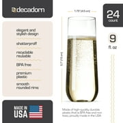 DECADORN 24 Pack Stemless Plastic Champagne Flutes Disposable Clear 9 oz, Shatterproof BPA-Free, Reusable Made In USA.