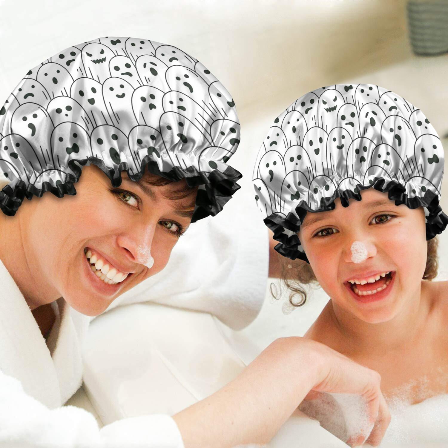 Shower Caps,Black and White Halloween Ghosts Waterproof Shower Cap for Women 4 Pieces,Double Reusable Hair Cover for Shower PEVA Elastic Stretch Hem