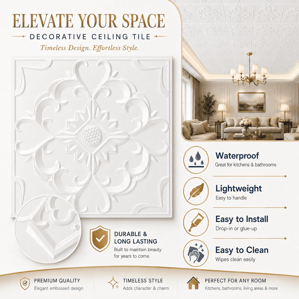 YESLIFE 12-Pack 2' x 2' White PVC Ceiling Tiles, 3D Embossed Waterproof Drop Ceiling Panels, Glue-Up Wall & Ceiling Tiles, 48 Sq. Ft.