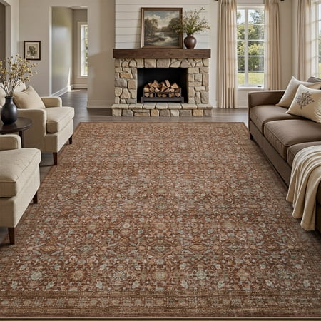 SIXHOME 8 x10  Vintage Distressed Area Rug Soft Washable Non-Slip Carpet American Classic Retro Rug with Geometric Rugs for Living Room Bedroom Neutral Home Decor Red