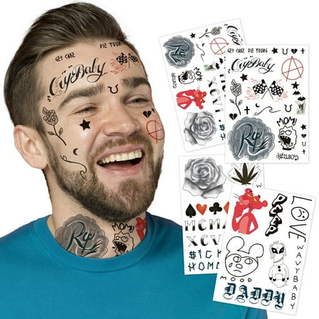4-Sheet Rapper-Inspired Temporary Tattoos - Face & Body Hip-Hop Tattoo Stickers for Men, Women and Kids - Waterproof Fake Tattoos for Cosplay, Halloween, and Parties