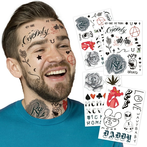 4-Sheet Rapper-Inspired Temporary Tattoos - Face & Body Hip-Hop Tattoo Stickers for Men, Women and Kids - Waterproof Fake Tattoos for Cosplay, Halloween, and Parties