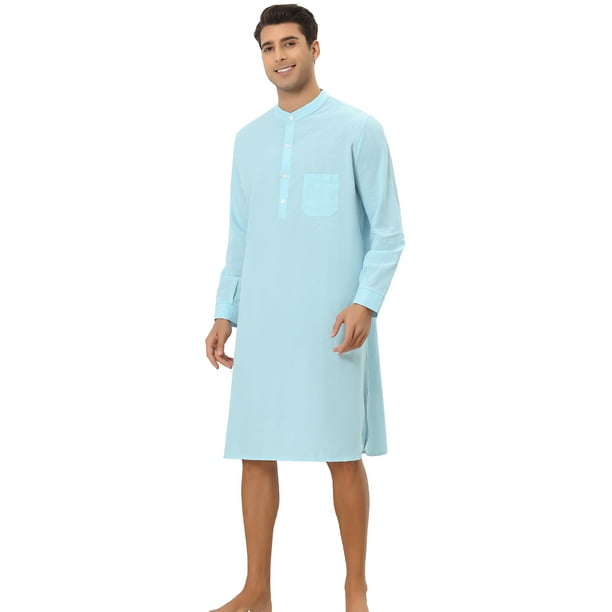 Camisón para hombre, camiseta para dormir, cuello con bandas de algodón, camisa henley, pijama, camisón Azul XL